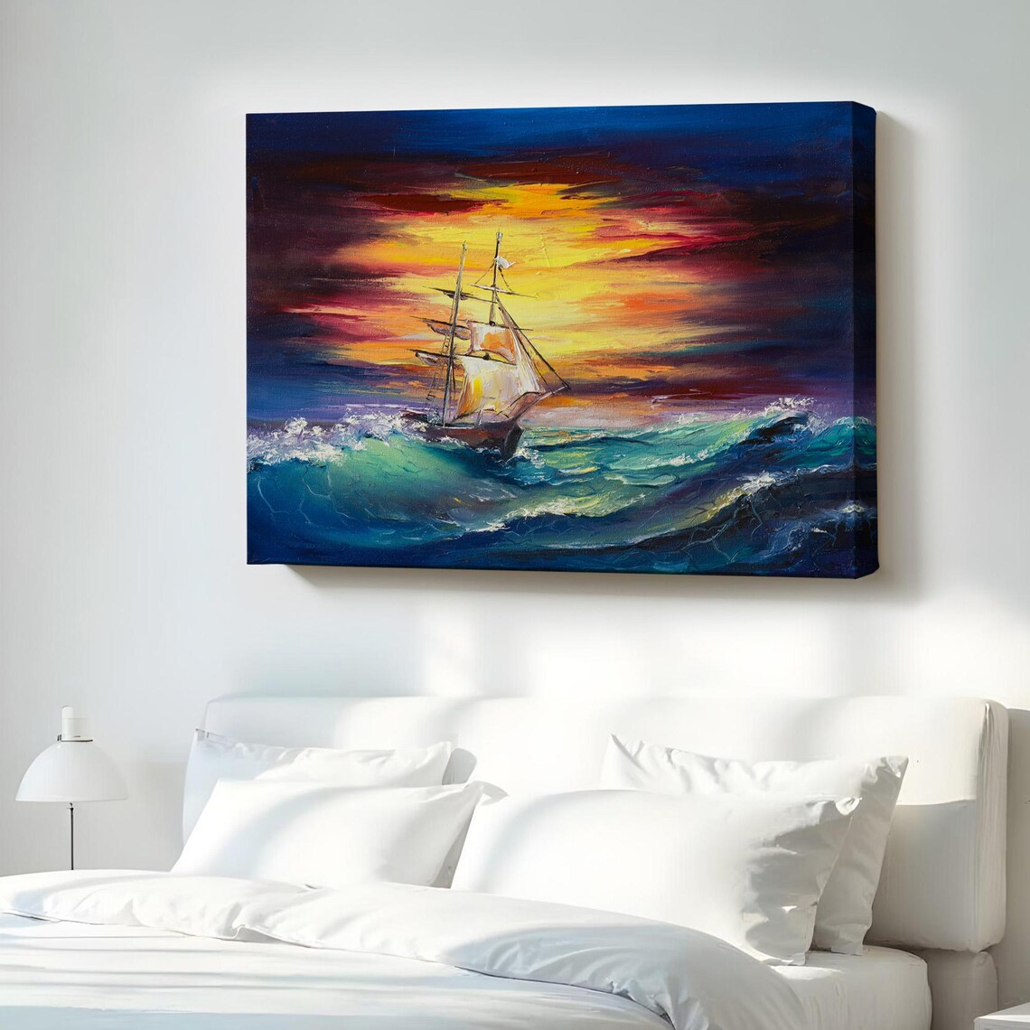 Tall Ship Stormy Ocean Sunset Dramatic Seascape Painting Poster
