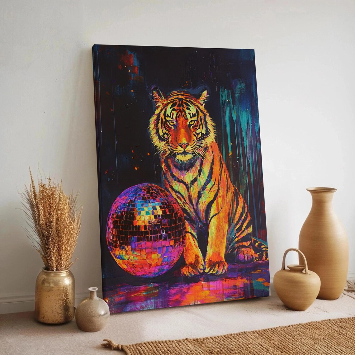 Neon Tiger With Disco Ball Poster Vibrant Jungle Animal Colorful Party Room Decor