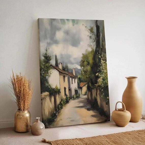 European Village Street White Cottage Cypress Cloudy Sky Poster
