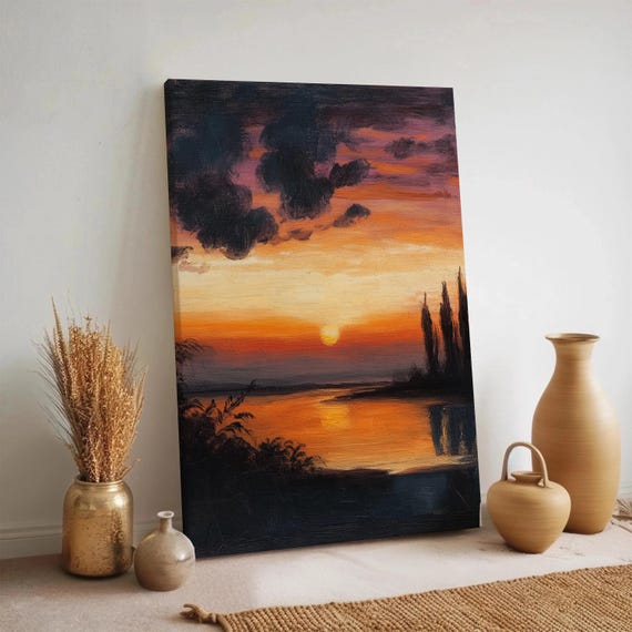 Golden Sunset Landscape Canvas Dramatic Sky And Lake Print With Trees Warm Nature Painting For Living Room Bedroom Or Meditation Decor