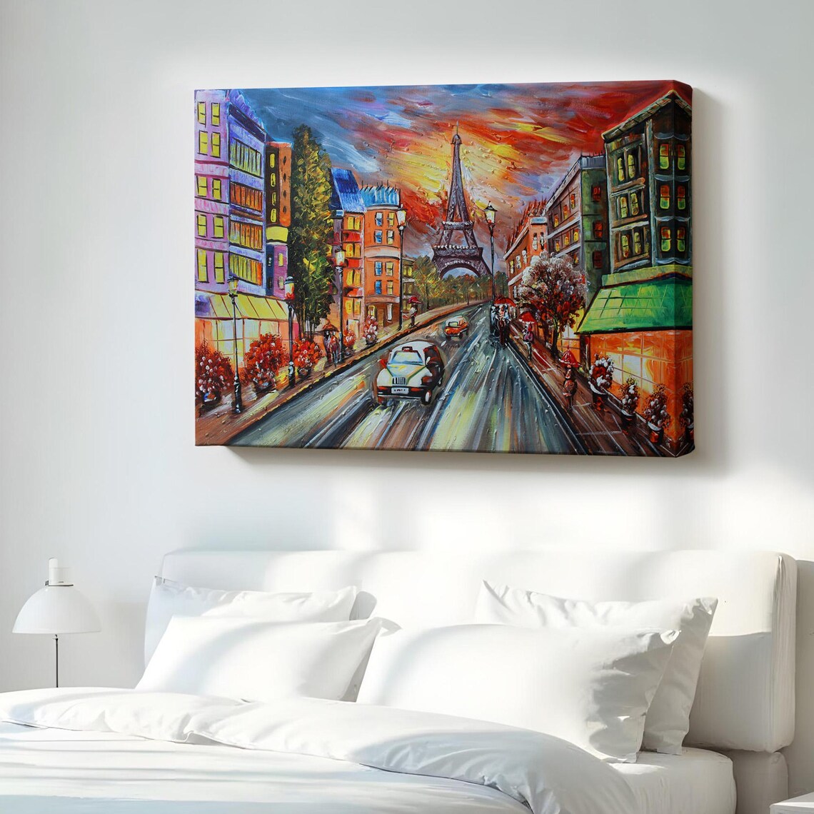 Eiffel Tower Paris Street Night Oil Painting Colorful France Wall Art