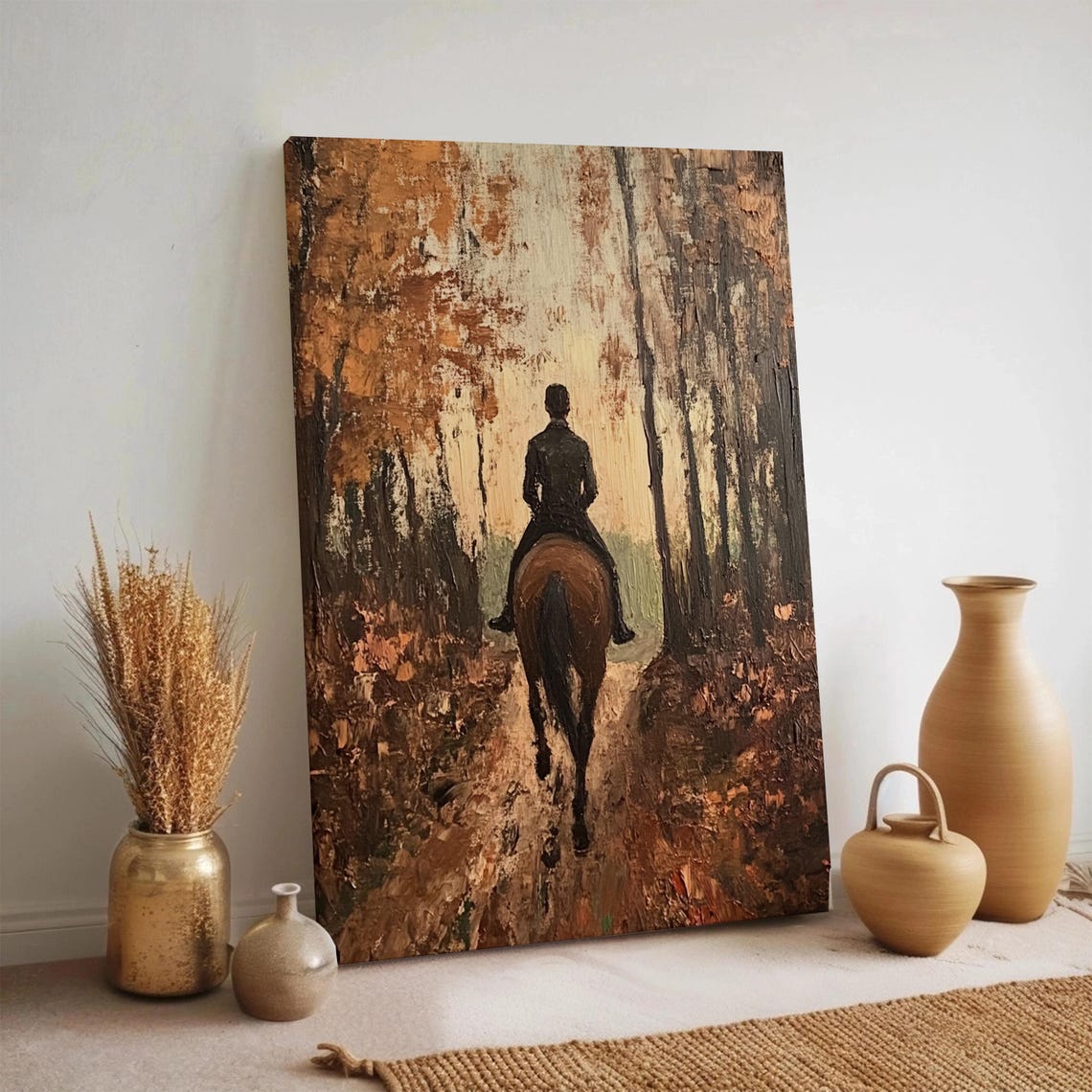 Horseback Rider Autumn Canvas Wall Art Rustic Fall Forest Print With And Pathway Equestrian Nature Painting For Home Or Office Decor