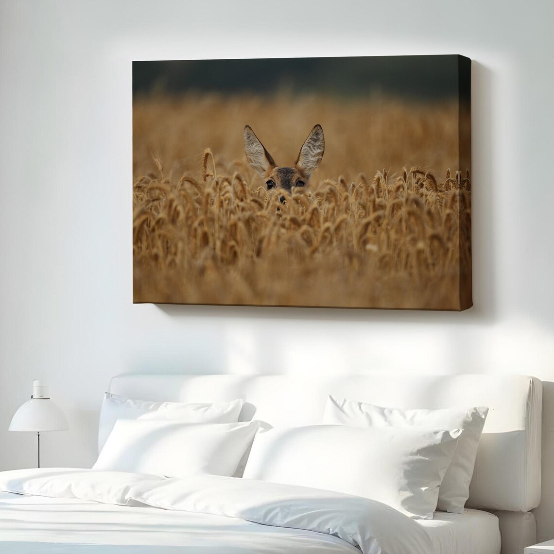 Deer Peeking Through Golden Wheat Field Wildlife Photo Art Poster