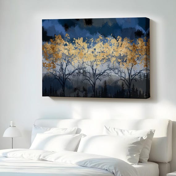 Midnight Forest Landscape Oil Painting Look Decorative Art Framed Canvas Wall Abstract Modern Decor