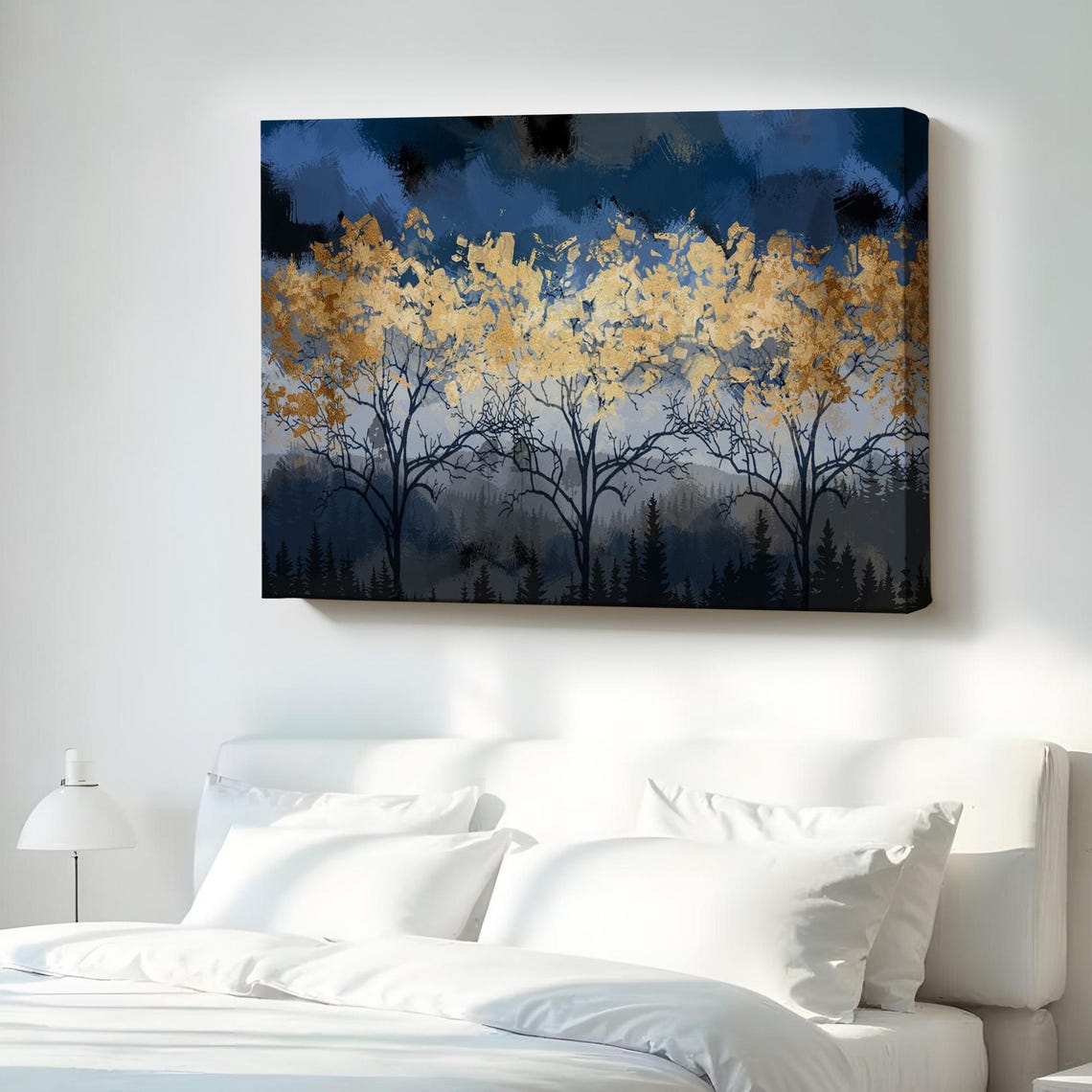 Moody Midnight Forest Gold Trees Dark Blue Abstract Nature Poster
