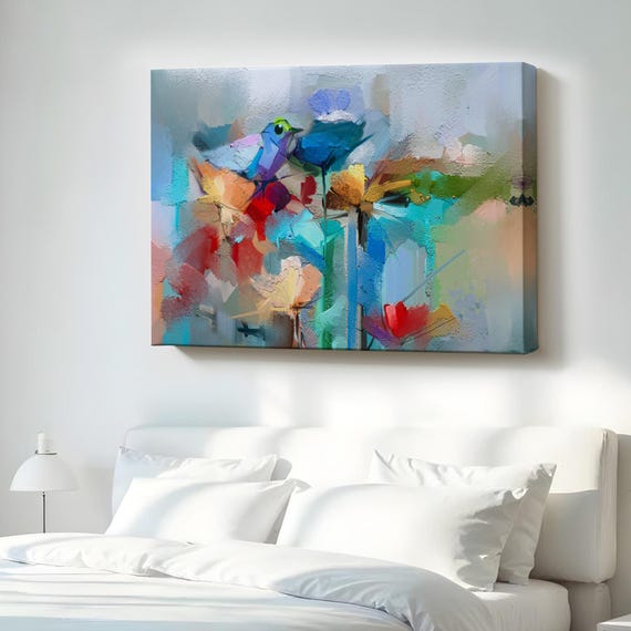 Modern Abstract Style Flowers And Birds Decorative Canvas Wall Art Framed Large Decor