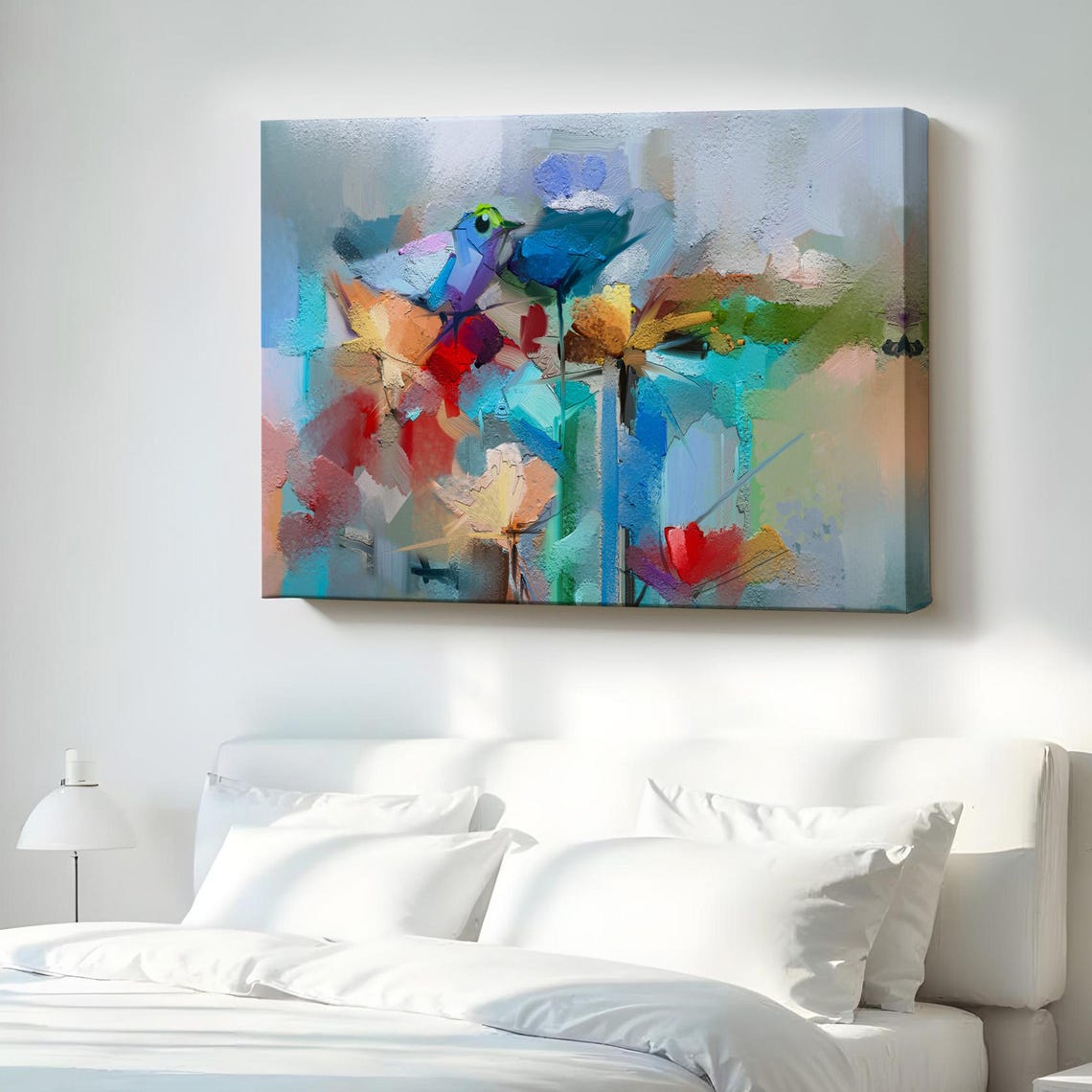 Modern Abstract Style Flowers And Birds Decorative Canvas Wall Art Framed Large Decor