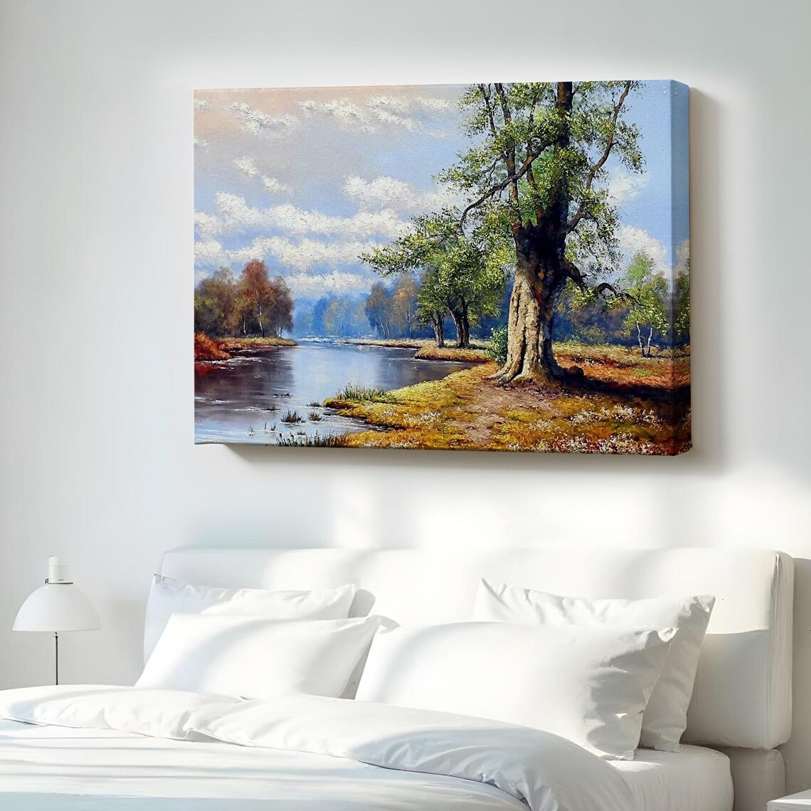 River Landscape With Tall Trees Autumn Riverside Painting Poster