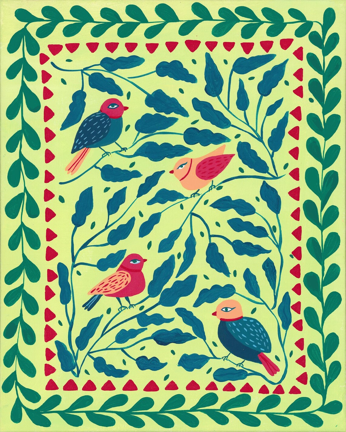 Folk Art Birds, Green Nursery Wall Art Print Decor - Image 3