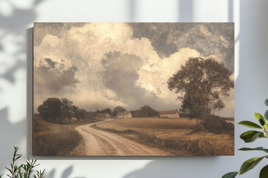 Dramatic Clouded Sky Over Vintage Farm Road Landscape Poster