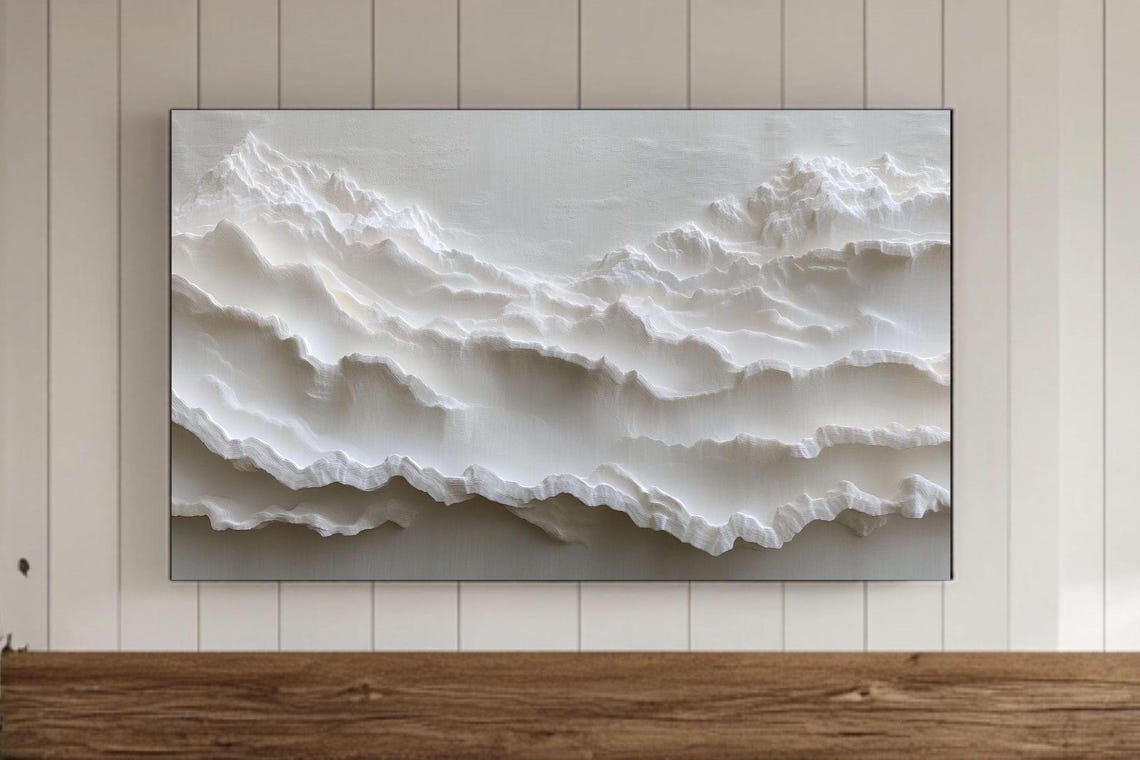 Layered White Mountain Waves Soft Textured Abstract Art Poster