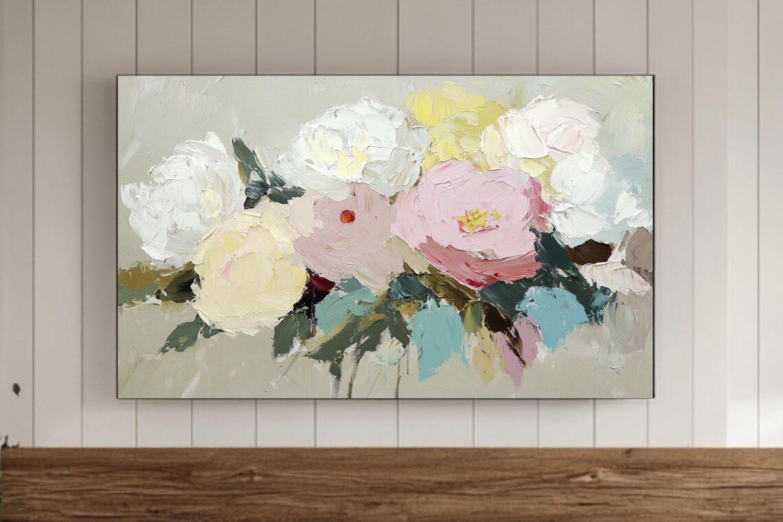 White Pink Yellow Peonies Soft Sage Green Garden Floral Poster