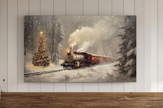 Vintage Steam Train Christmas Tree Snowy Winter Scene Poster