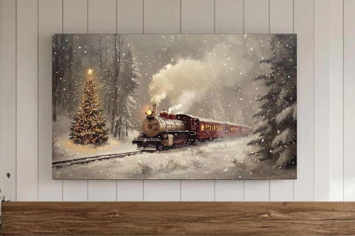 Vintage Steam Train Christmas Tree Snowy Winter Scene Poster