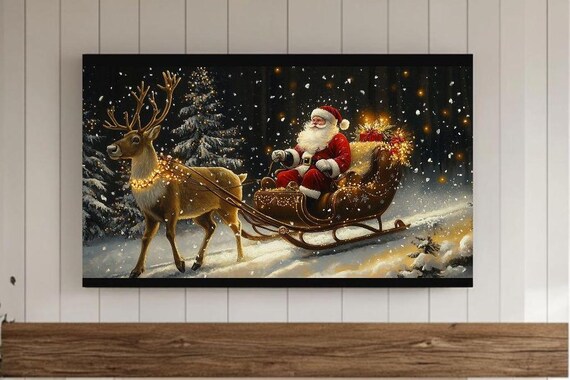 Santa Sleigh Reindeer Snowy Night Christmas Magical Scene Poster