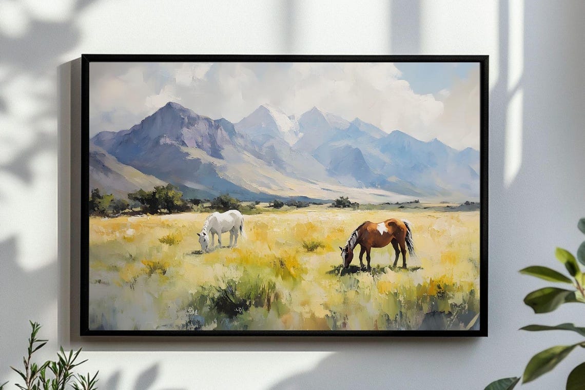 Wild Horses Grazing Golden Field With Mountain Backdrop Animal Poster