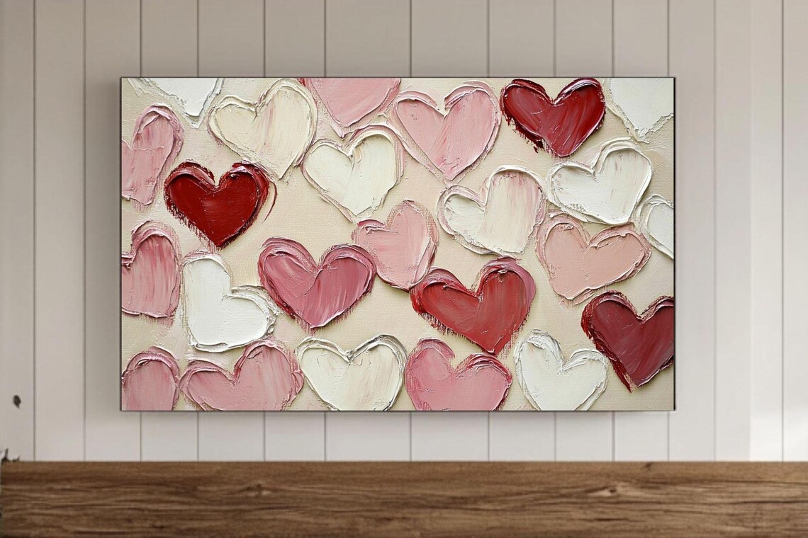 Pink Red White Painted Hearts Textured Oil Painting Love Art Poster