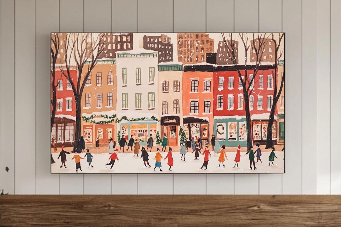 Winter City Ice Skaters Brownstone Street Christmas Scene Poster