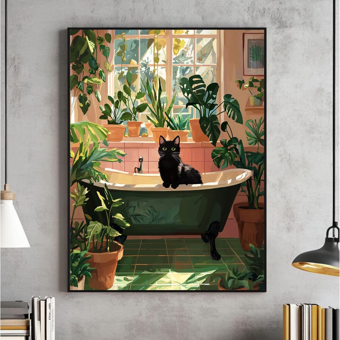 Black Cat on Green Clawfoot Tub Surrounded by Houseplants Poster