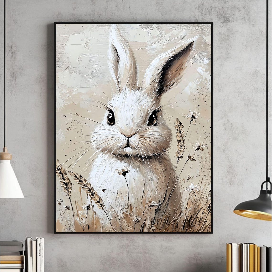 Adorable White Bunny in Wheat and Daisy Meadow Painting Poster