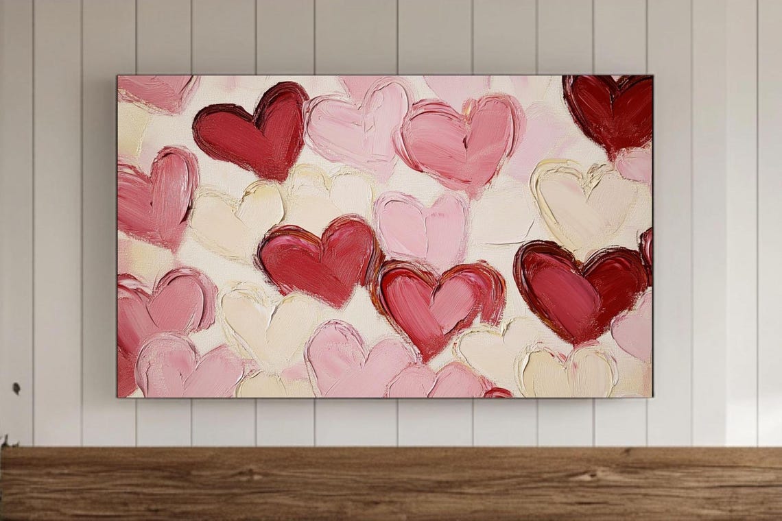 Bold Red Pink Cream Impasto Hearts Love Painting Valentine Wall Art