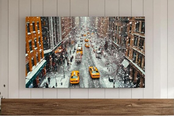 New York City Winter Snow Yellow Taxis Busy Street Scene Poster