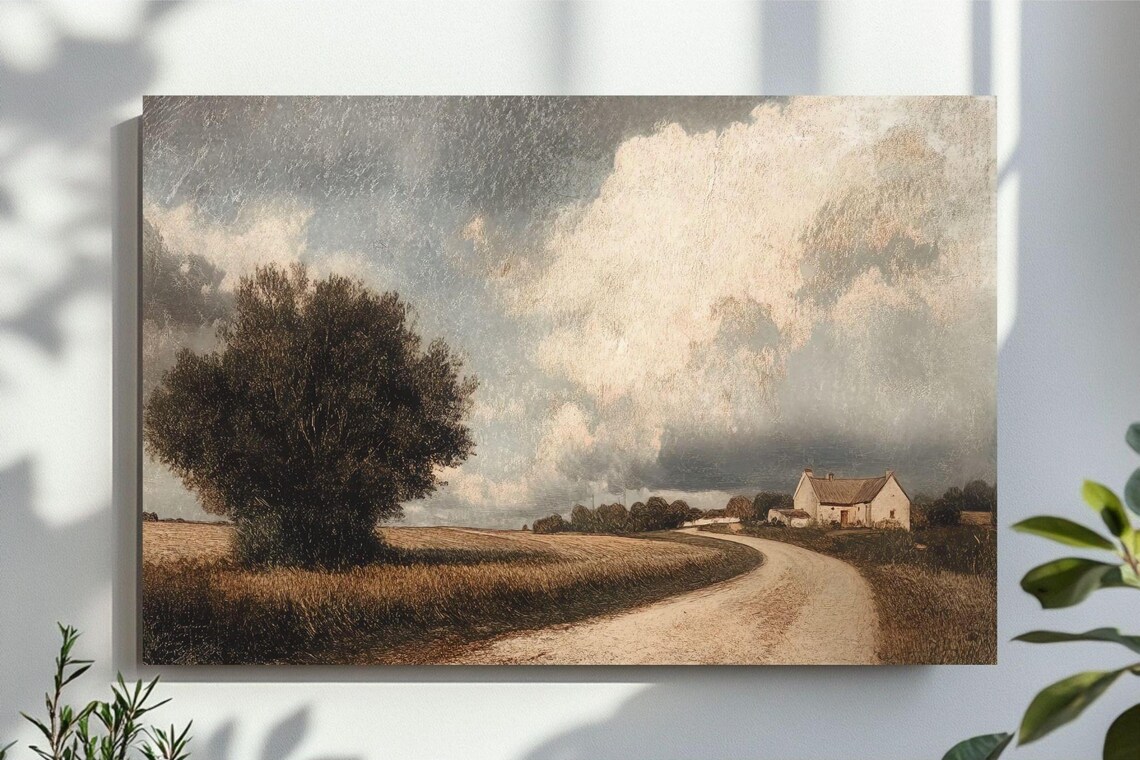 Vintage Country Road Leading to Farmhouse Under Stormy Sky Poster