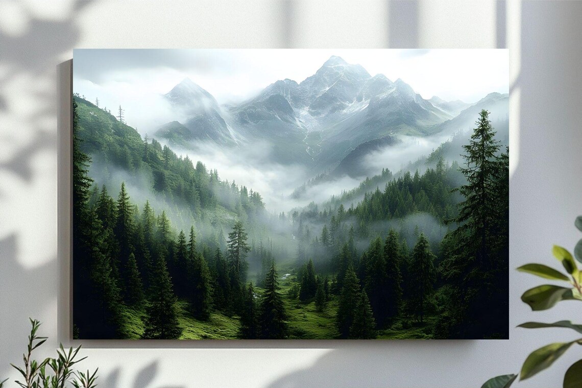 Forest Mountains Misty Landscape Art Print, Foggy Nature