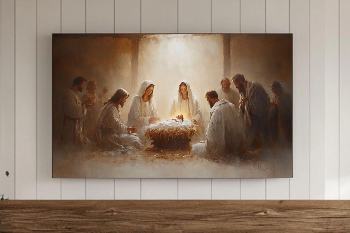 Holy Family Nativity Baby Jesus Glowing Light Christmas Painting Wall Art