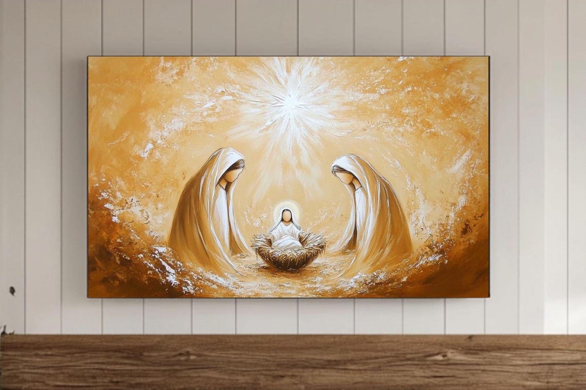 Golden Nativity Angels Bowing Over Baby Manger Christmas Poster
