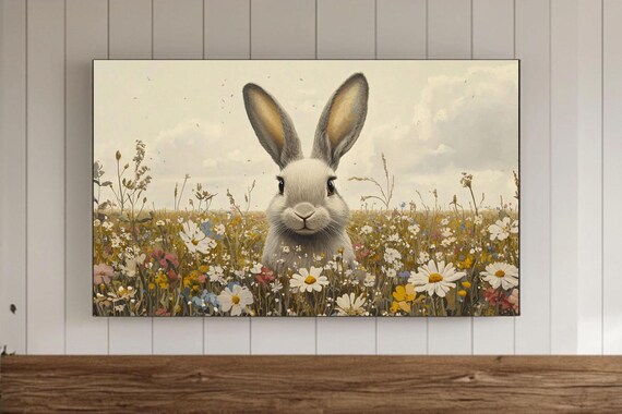 Curious Bunny in Colorful Wildflower Meadow Vintage Easter Art Print