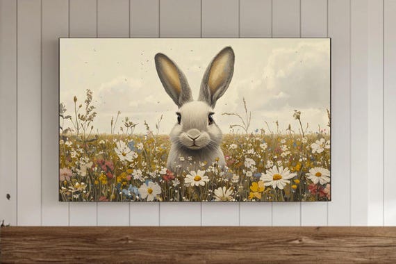 Cute Easter Bunny Samsung Frame Tv Wall Art Spring Decoration Screensaver Wildflowers Painting Vintage
