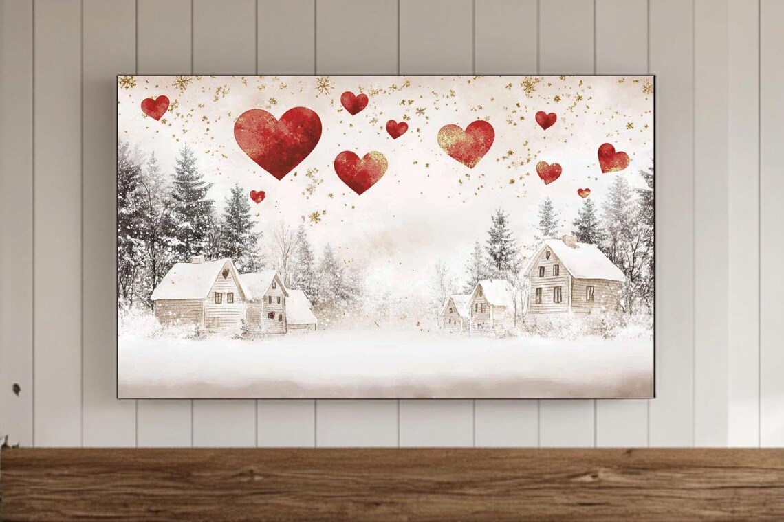 Snowy Village With Large Red Hearts Watercolor Holiday Poster