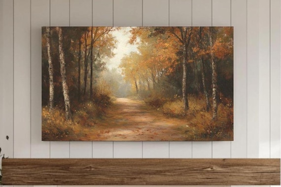 Birch Trees Golden Autumn Path Misty Woodland Painting Poster