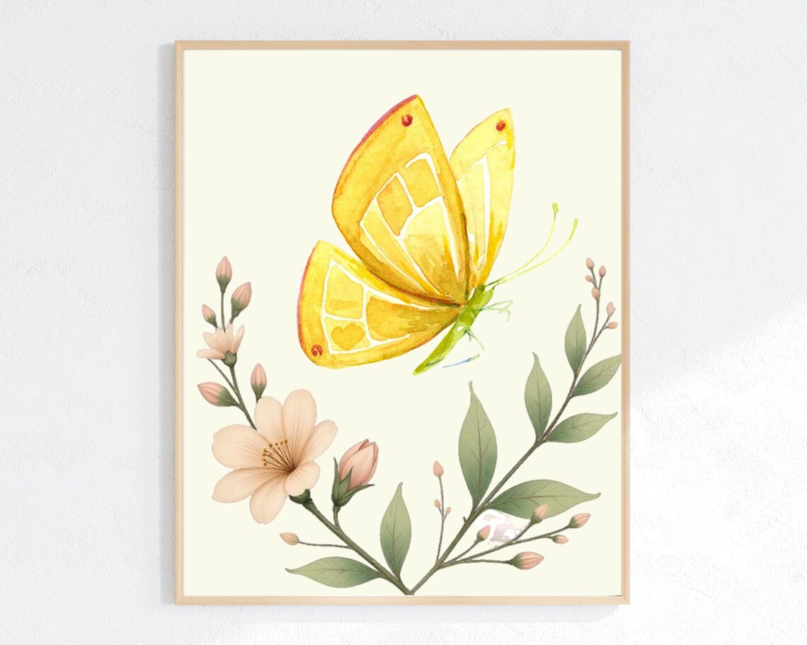 Pretty Yellow Butterfly Watercolor Floral Nursery Kids Poster