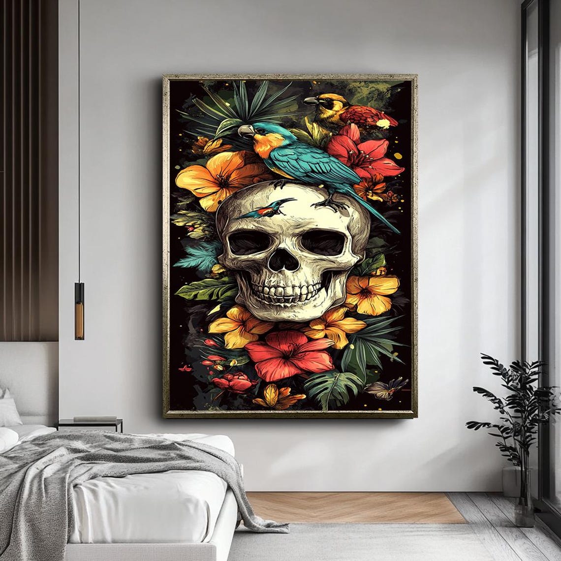 Tropical Skull With Parrots Hibiscus Gothic Floral Art Poster - Image 4