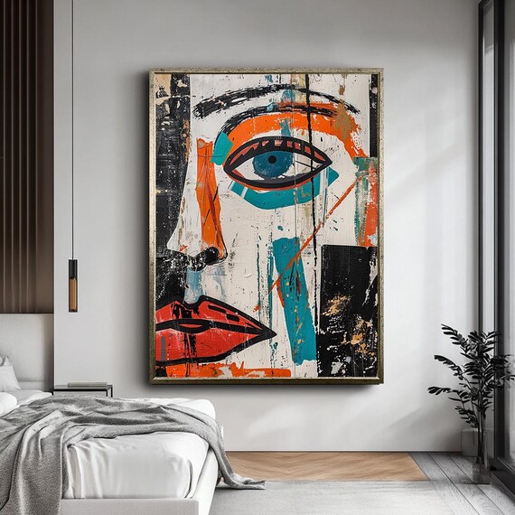 Bold Abstract Face Expressionist Art Orange Teal Black Modern Poster