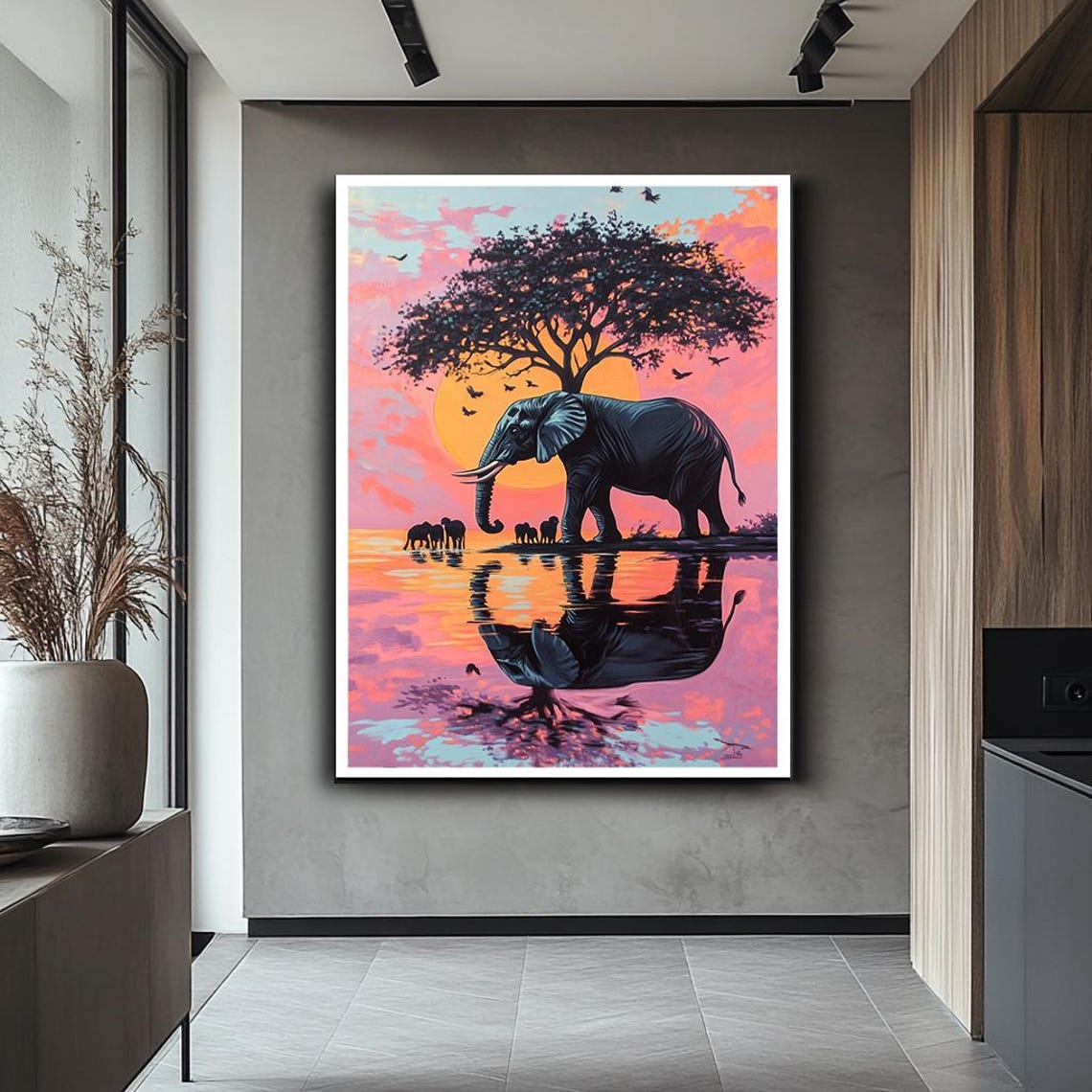 African Elephant Sunset Savanna Acacia Tree Water Reflection Print - Image 2