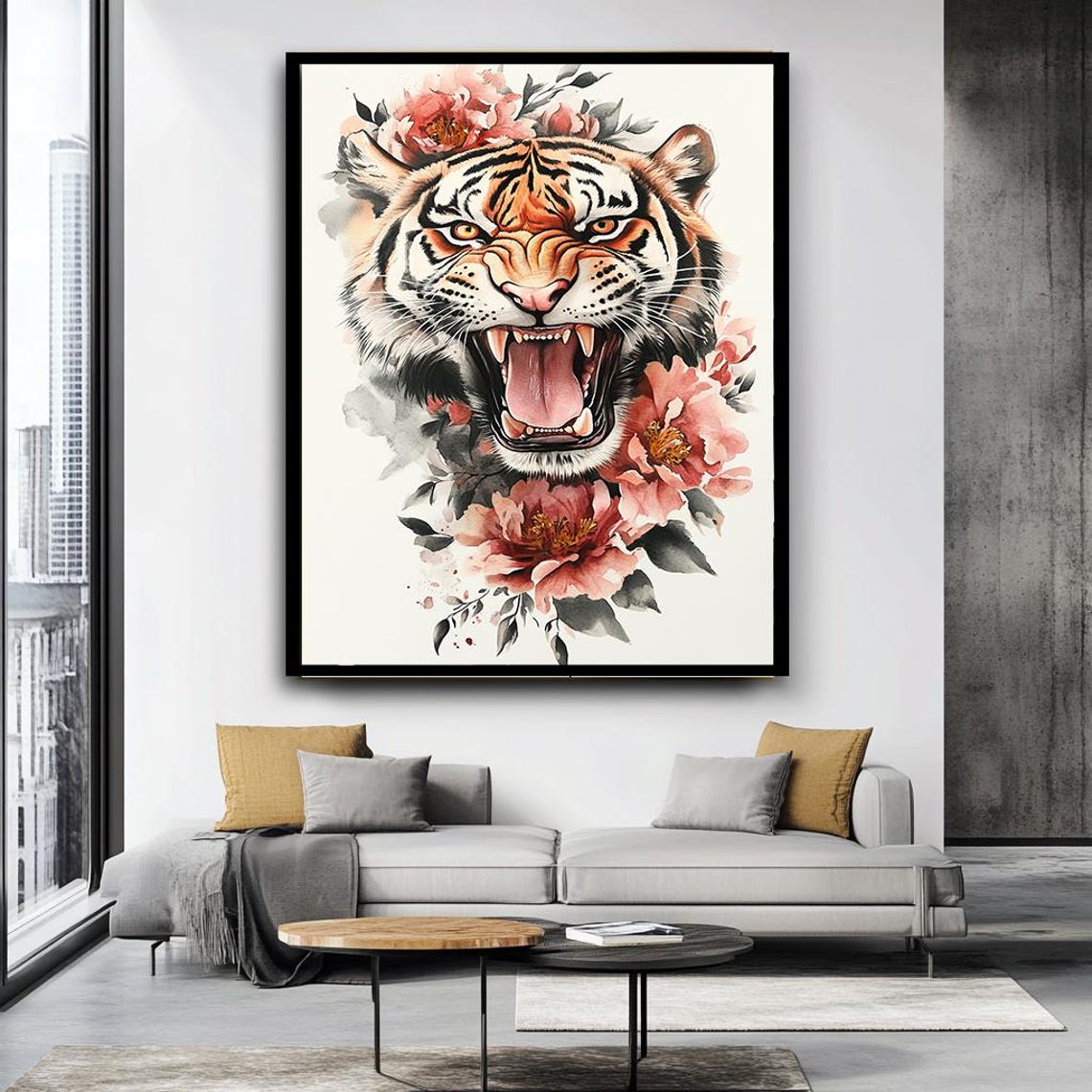Tiger Art Ferocious Tiger Print Floral And Fierce Animal Wall Art Bold Statement Piece - Image 4