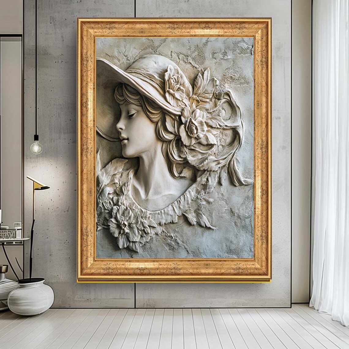Elegant Woman Floral Hat 3D Stone Relief Cream Vintage Wall Art - Image 5