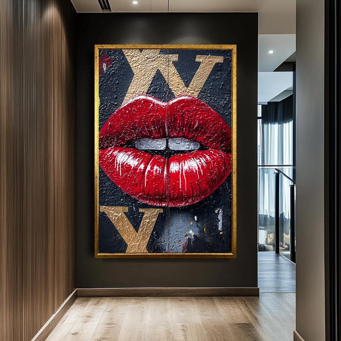 Glamorous Red Lips Gold Lettering Pop Art Bold Fashion Statement Print - Image 2