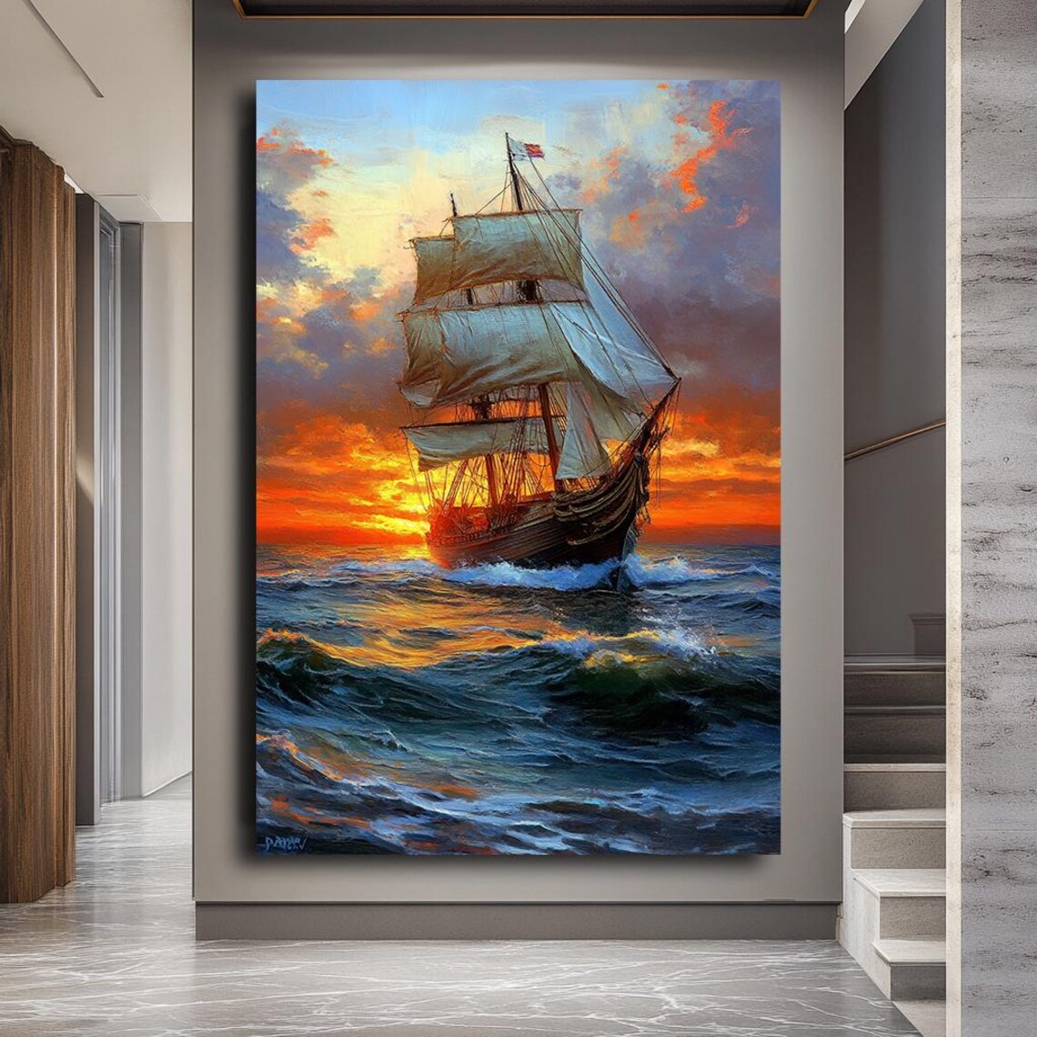 Sunset Ocean Art Sunset Sailing Ship Print Majestic Tall Ship On The Ocean At Sunset Nautical Wall Art - Image 2