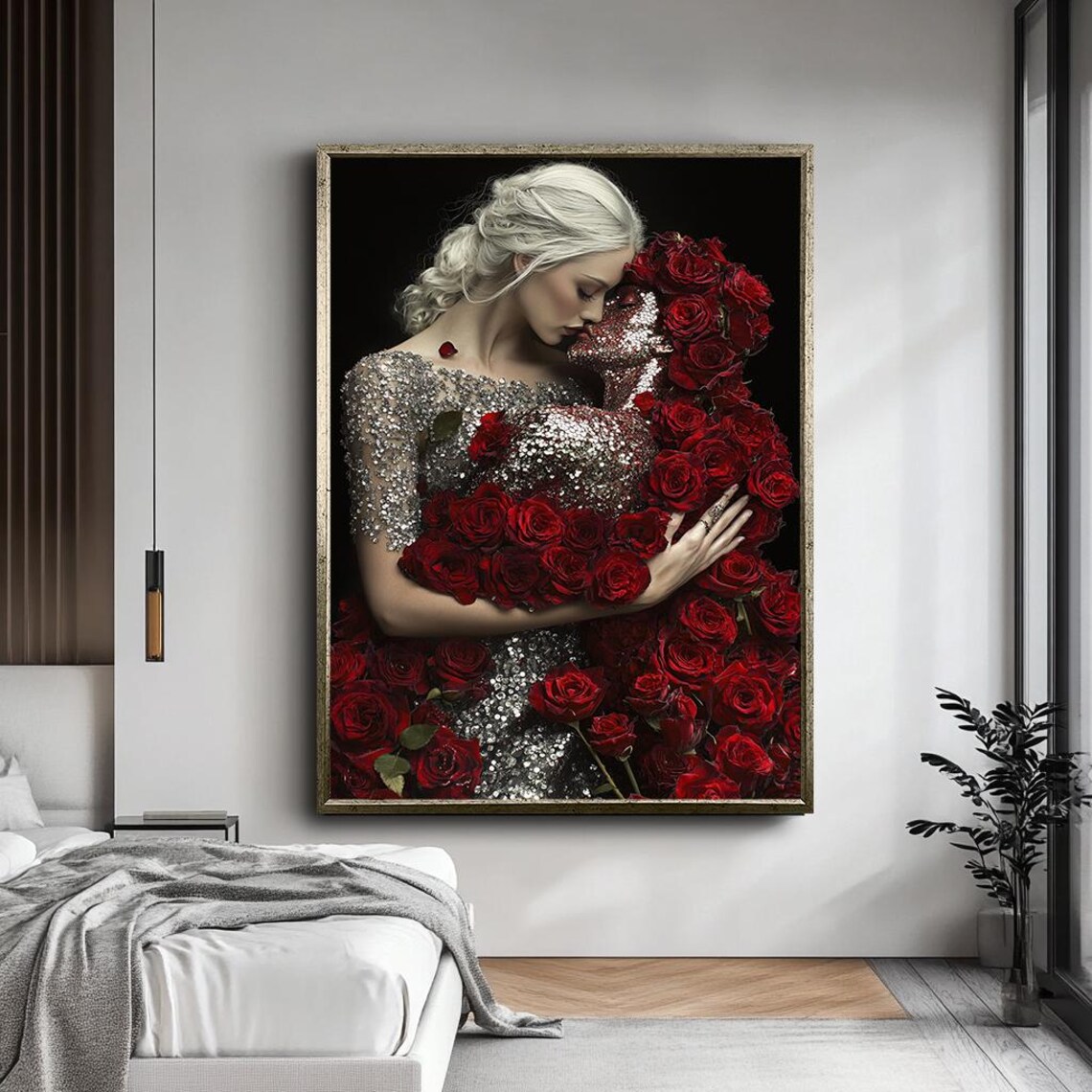 Elegant Woman Embracing Red Roses Silver Sequin Gown Love Poster - Image 4