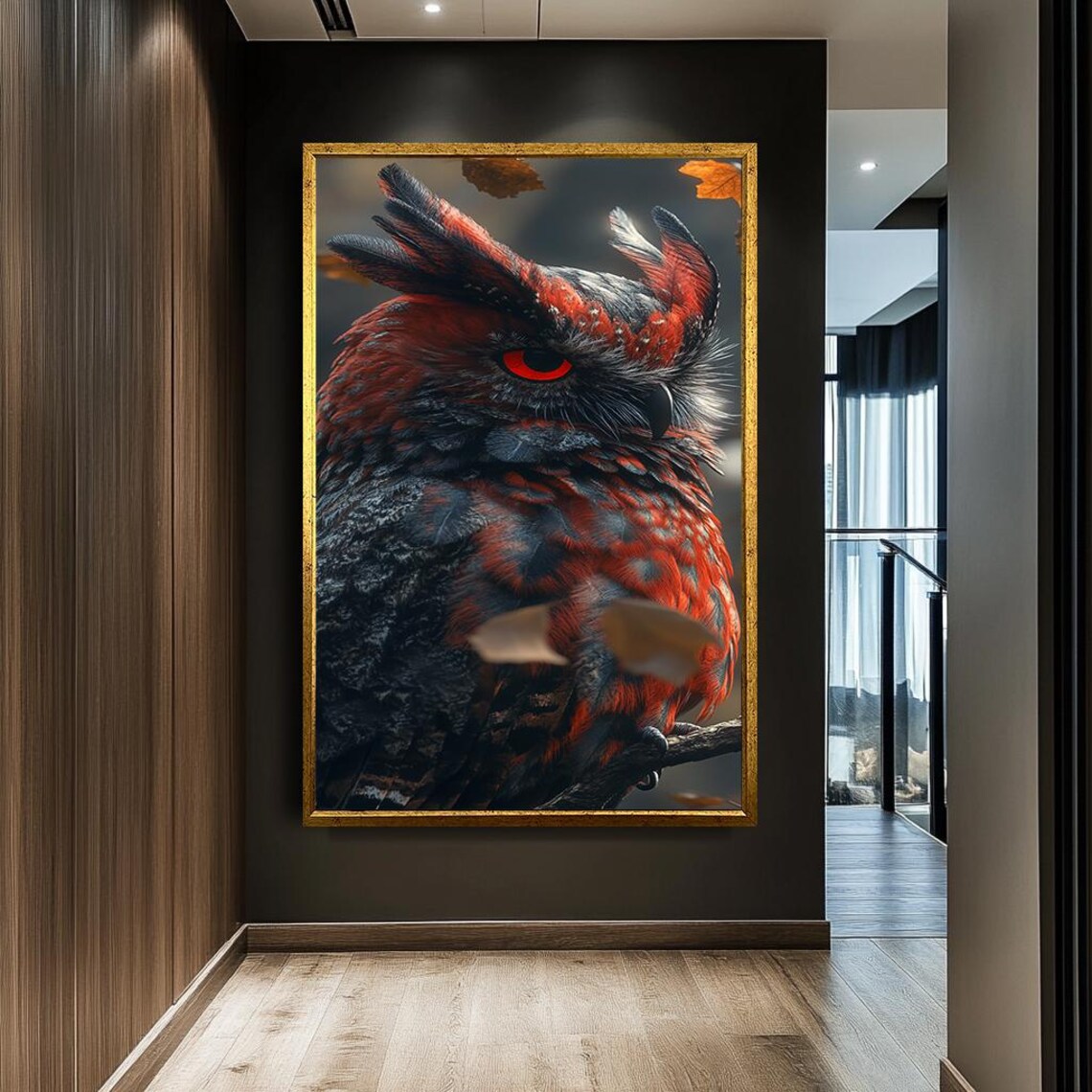 Red And Black Owl Portrait Fierce Glowing Red Eye Wildlife Wall Art