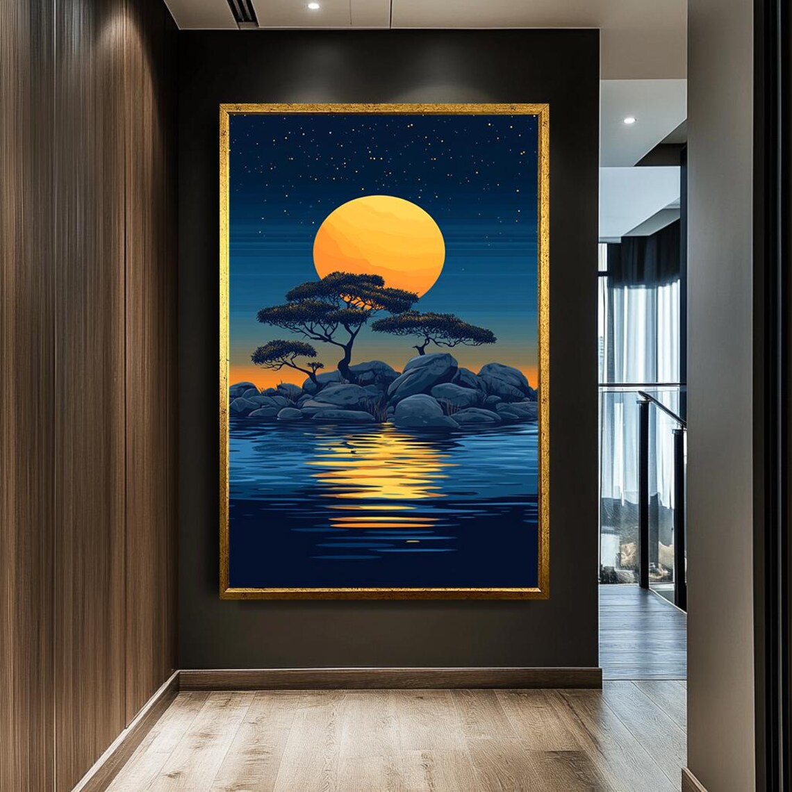 Serene Sunset Over Water Art Minimalist Nature Landscape Wall Decor Golden Reflection With Trees Peaceful Night Scene Print - Image 2