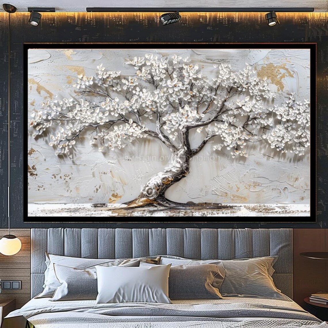 White Blossom Tree Of Life Textured Gold Accent Abstract Art Poster - Image 3