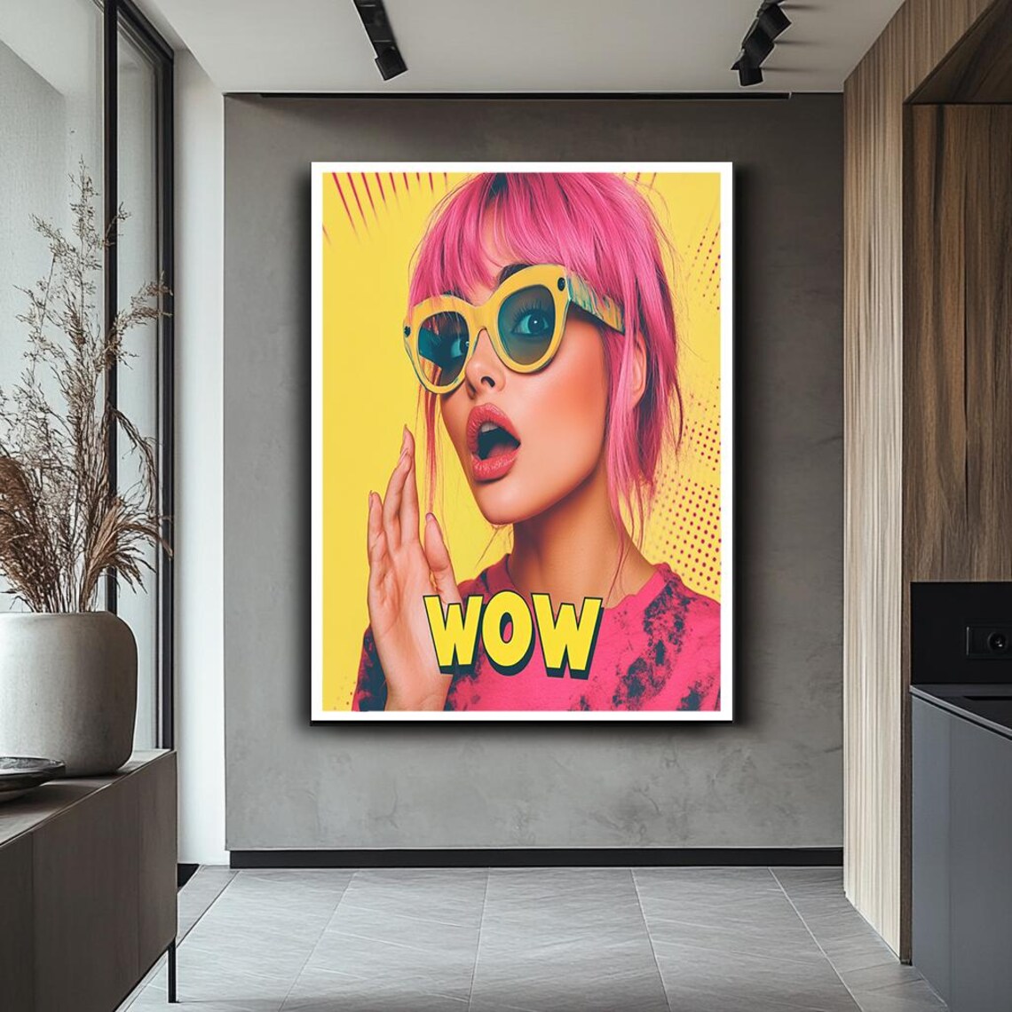 Pop Art WOW Girl Pink Hair Yellow Sunglasses Fun Retro Wall Art - Image 2