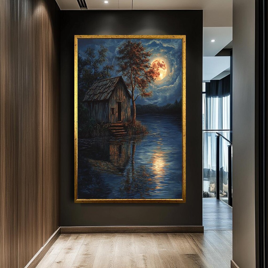 Rustic Cabin By Moonlit Lake, Peaceful Night Reflection - Image 2