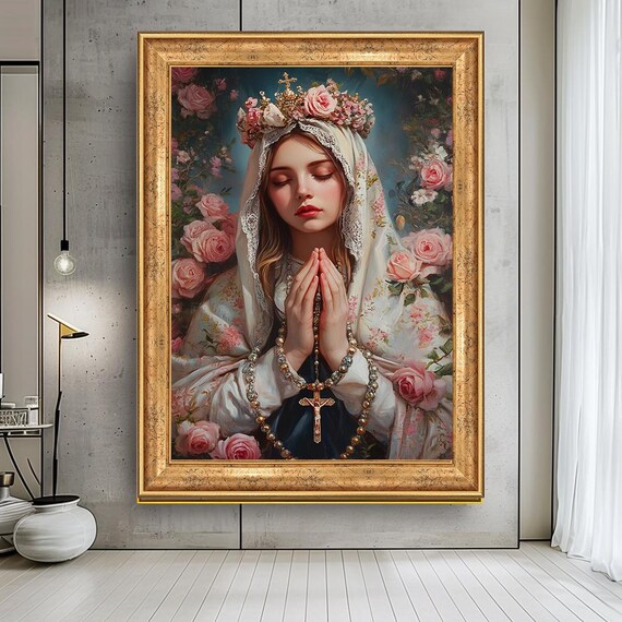 Virgin Mary Praying With Roses Rosary Floral Crown Religious Art Poster