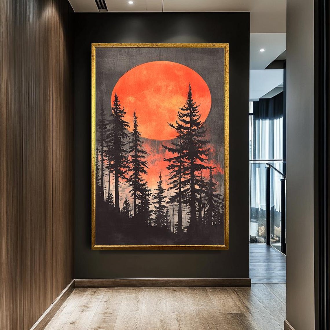 Mystical Forest Silhouette Wall Art Bold Red Moon And Pine Trees Print Dark Nature Landscape Decor Large Abstract Art - Image 2